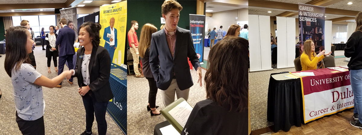 Collage of three photos of college students attending job fairs