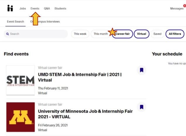 EVENTS page showing upcoming fairs in GoldPASS powered by Handshake with CAREER FAIR and VIRTUAL selected as filters