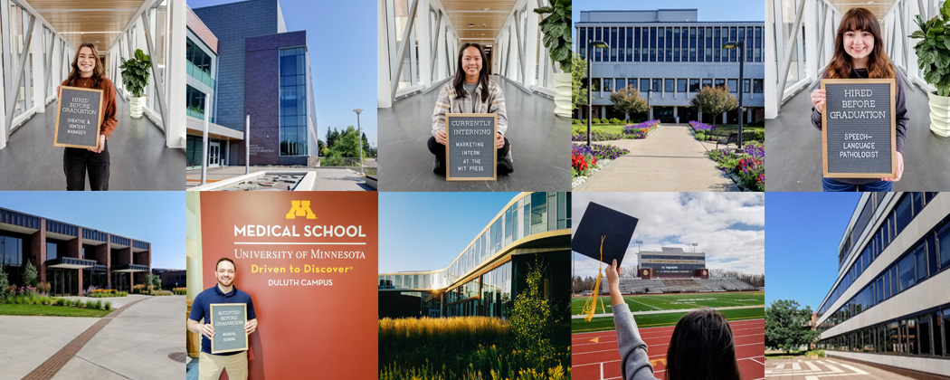 Collage of UMD campus buildings and students 
